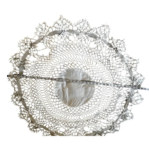 Hand-Crocheted Round Lace Tablecloth With 12” Linen Blend Center 40" Diameter - Picture 5 of 8